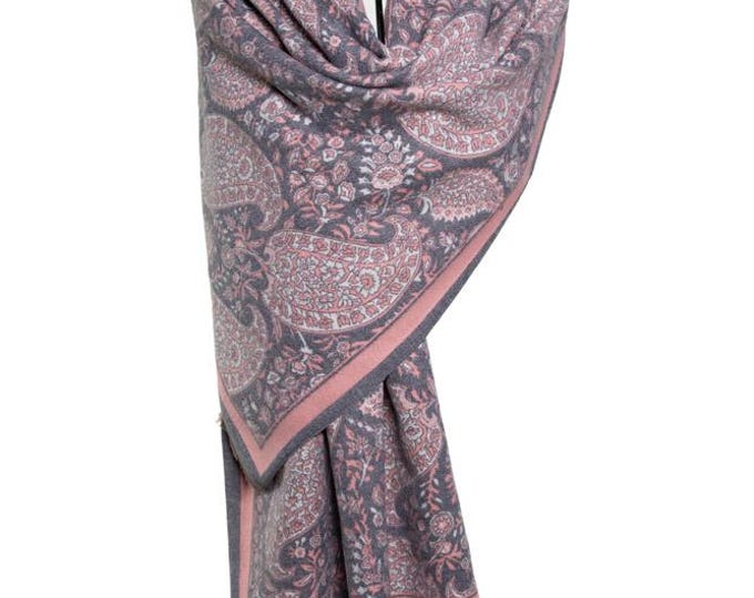 Cashmere Shawl | Baby Pink & Grey Reversible Big Paisley Pattern | Thick and Warm Pashmina Wrap, Elegant Winter Shawl, Perfect Gift for Her