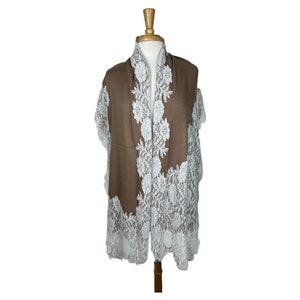 Beige Cashmere Shawl with White French Silk Lace – Soft Wedding Wrap, Luxury Vintage Scarf, Unique Gift for Her