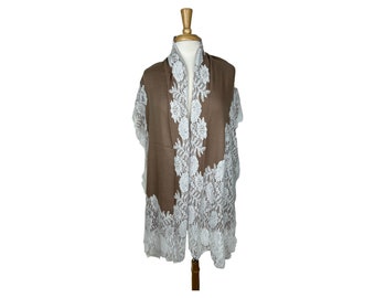 Beige Cashmere Shawl with White French Silk Lace – Soft Wedding Wrap, Luxury Vintage Scarf, Unique Gift for Her