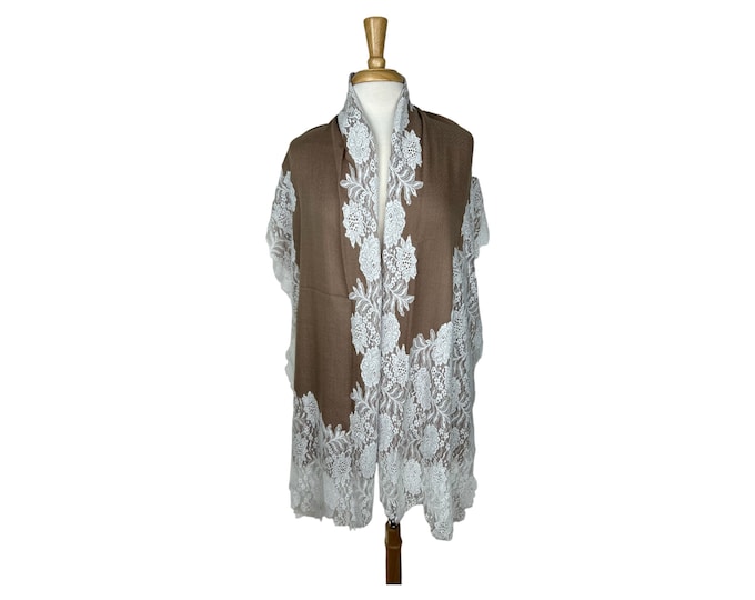 Beige Cashmere Shawl with White French Silk Lace – Soft Wedding Wrap, Luxury Vintage Scarf, Unique Gift for Her