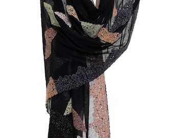 Organic Cashmere  Pashmina – Black Charcoal Shawl with Pastel Embroidery, Soft Leaves Design, and Natural Pearls