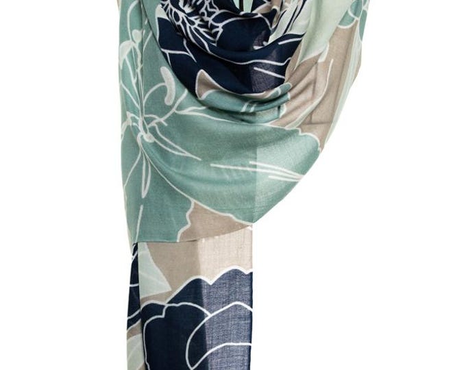 Silk & Cashmere Navy Blue, Beige and Turquoise Shawl | Elegant Floral Design Scarf | Very Soft, Delightful and Unique Pashmina Gift