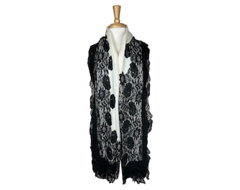 Black French Silk Lace on White Cashmere Shawl – Unique, Soft & Light Luxury Wrap, Vintage Gift for Her