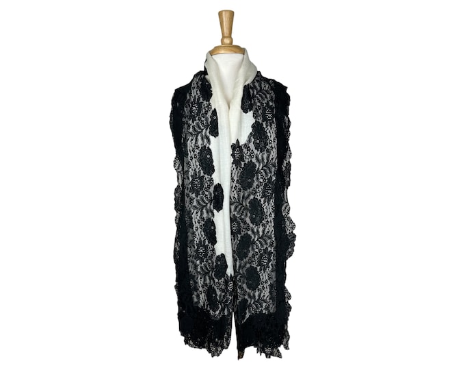 Black French Silk Lace on White Cashmere Shawl – Unique, Soft & Light Luxury Wrap, Vintage Gift for Her