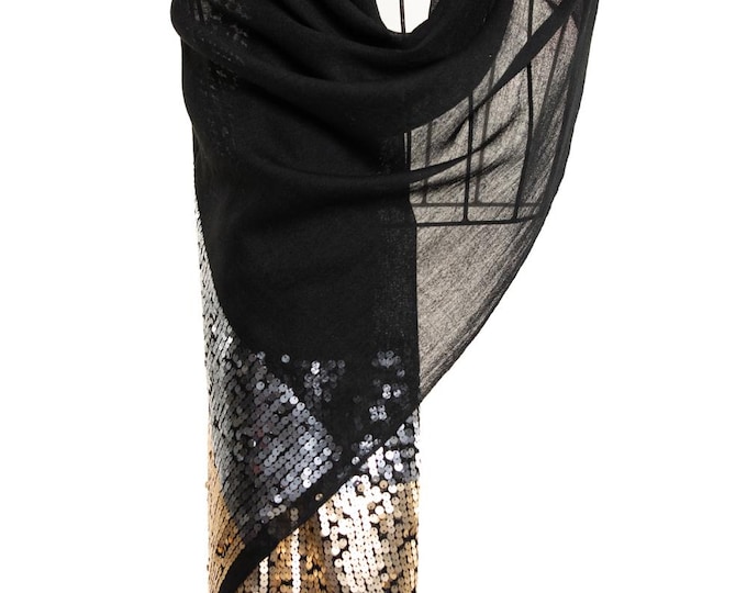 Black Luxury Cashmere Silk Shawl | Elegant Sequin Wrap | Soft Evening Scarf Gift | CA Seller | Gift for Women