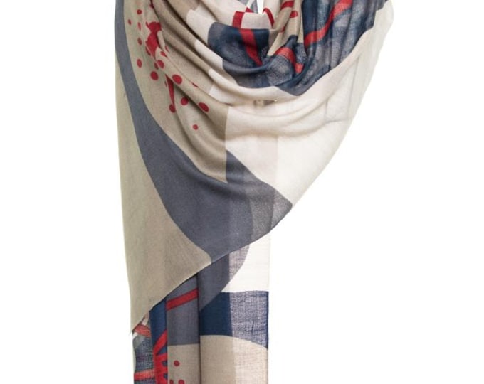 Silk & Cashmere Navy Blue and Beige Shawl | Elegant Leaves Design Scarf | Very Soft, Delightful and Unique Pashmina Gift - Feathers design