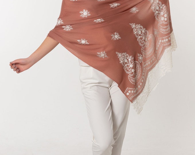 Brown Shawl Handmade Embroidery  – Luxury Cashmere Silk Wrap with Elegant Lace Design – Soft and Warm