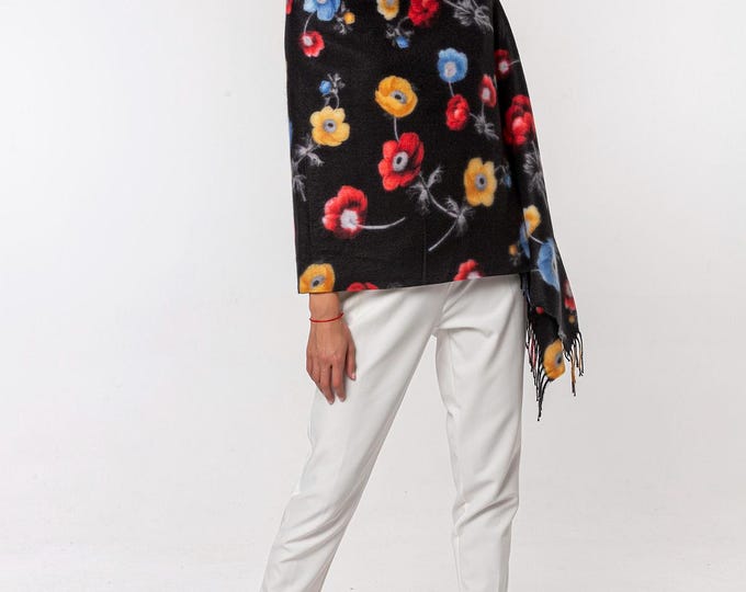 Wool and Silk Scarf | Colorful Flowers Design Shawl | Top Quality Pashmina Printed Black Fringe Scarf | Soft and Elegant