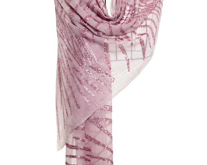 Pink Sequin Wool & Silk Shawl - Tiger Stripes Scarf with Sequins, Soft Luxury Wrap, Exclusive Design, Elegant Gift for Her