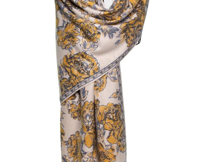 Yellow and White Reversible Cashmere Shawl – Floral Drawings, Soft Scarf - Chinese Porcelain, Luxury Pashmina Wrap