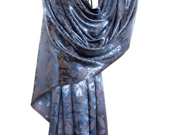 Shiny metallic blue tulip pure silk beautiful shawl for gift, tiny flowers unique design lapis azure - Very thin