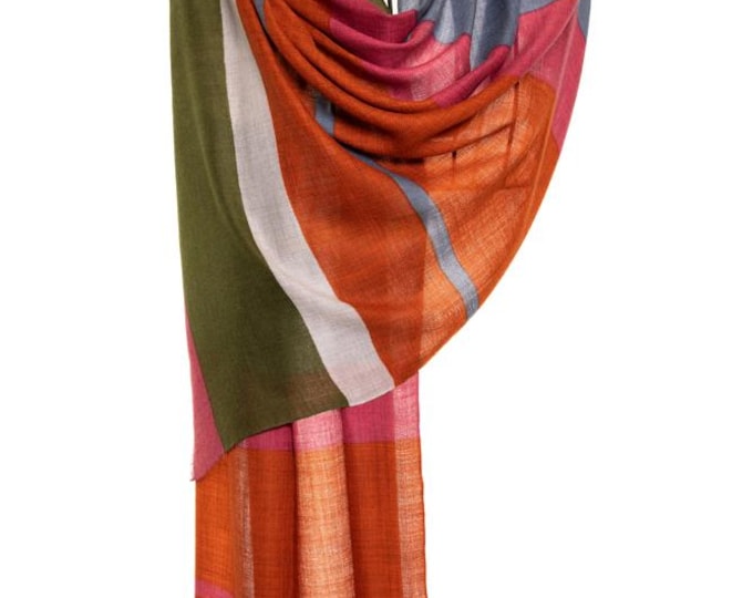 Army Green, Brown & Pink Cashmere and Silk Shawl | Elegant Lines Design Scarf | Very Soft, Delightful Pashmina, Unique Gift