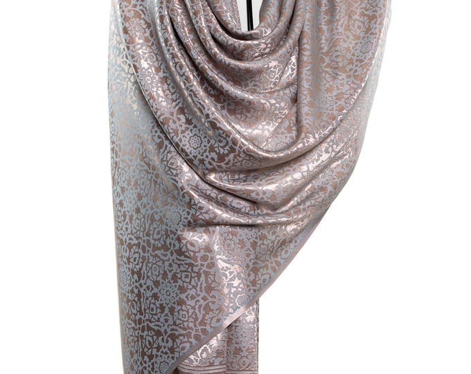 Shiny metallic soft pink pure silk beautiful shawl for gift, mandala pattern unique motif design - Very thin