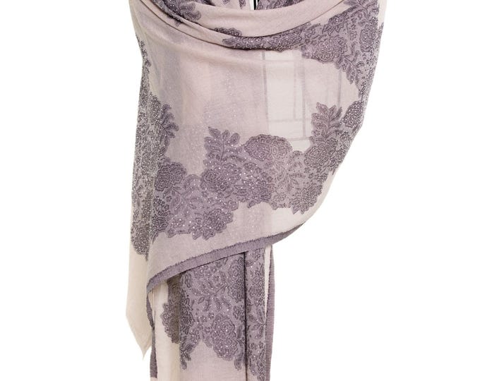 Purple Cashmere Shawl Hand Printed Floral Scarf with Sparkling Swarovski Crystals Soft and Lightweight Wrap