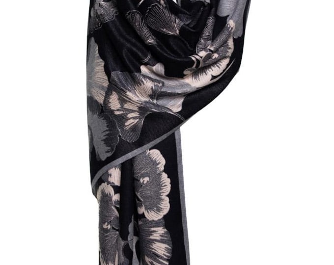 Cashmere Shawl | Black & Grey Reversible Floral Wrap | Elegant Pashmina Scarf | Timeless Luxury, Soft and Warm, Gift for Her