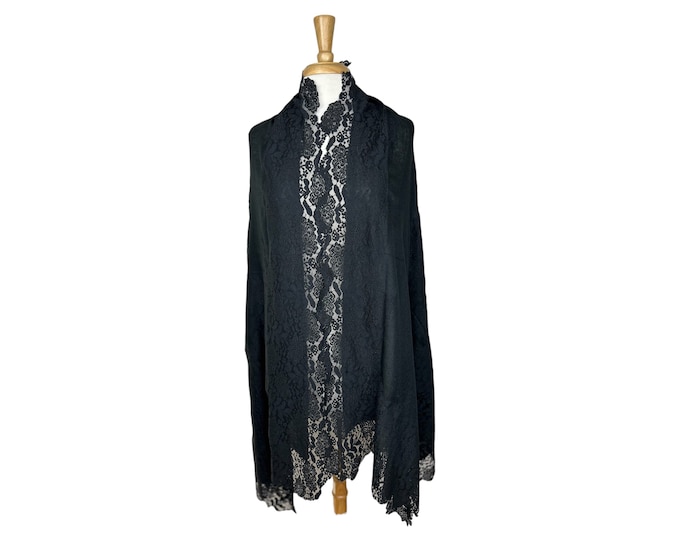 All-Black Cashmere Shawl with French Silk Lace – Elegant Mourning Wrap, Soft and Light Scarf for Reflection & Remembrance