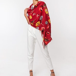 Wool and Silk Scarf | Colorful Floral Design Shawl | Premium Pashmina Printed Red Fringe Scarf | Soft and Elegant Accessory