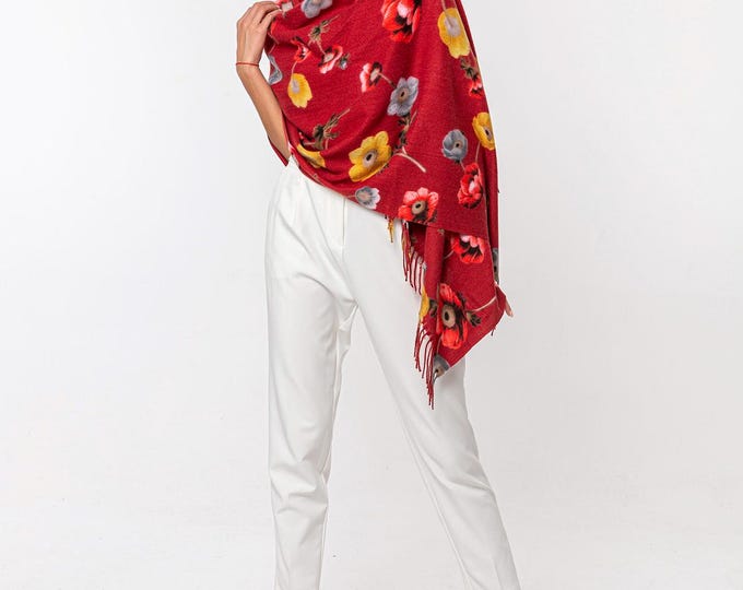 Wool and Silk Scarf | Colorful Floral Design Shawl | Premium Pashmina Printed Red Fringe Scarf | Soft and Elegant Accessory