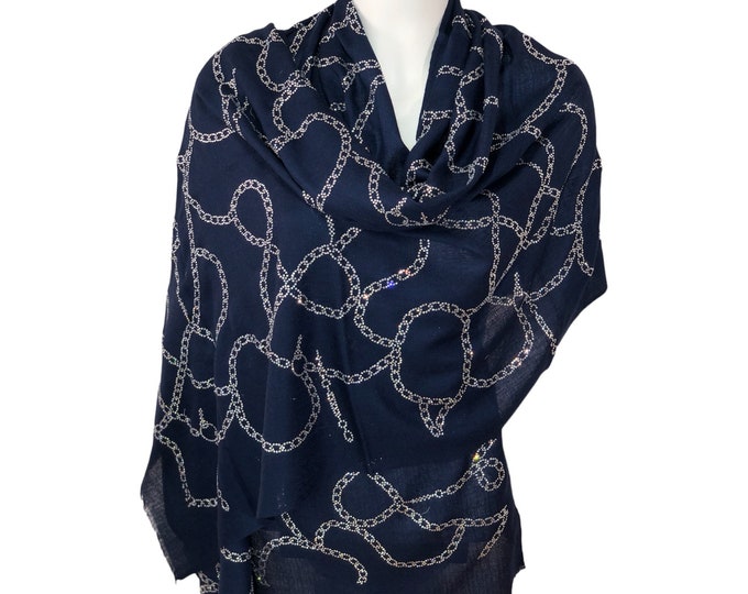Navy Blue Swarovski Pashmina – Luxurious 100% Cashmere Shawl with Swarovski Chain Design, Elegant Wedding & Evening Wrap