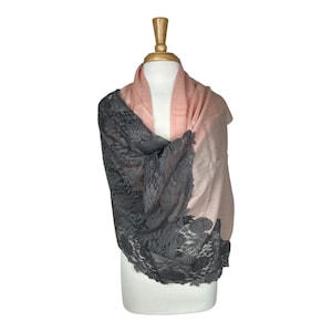 Cashmere Silk Lace Shawl: Soft Pink & Grey Floral Pashmina