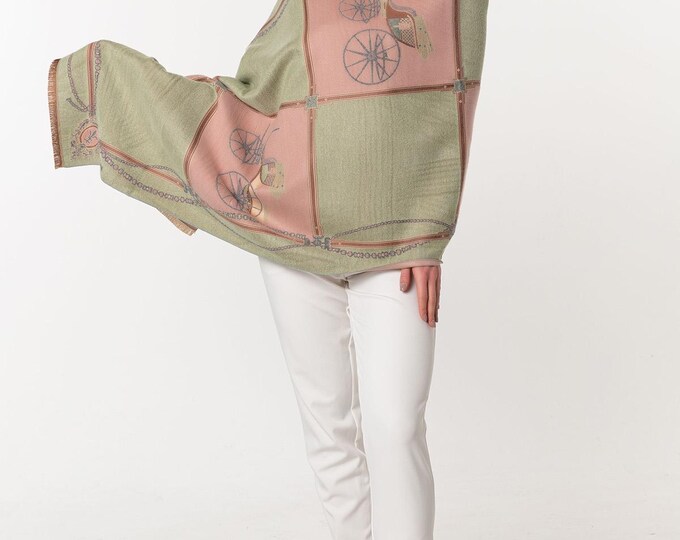 Pastel Pink and Green Pashmina Shawl with Vintage Carriage Design | Double-Sided Cashmere Wrap | Soft, Warm and Thick |