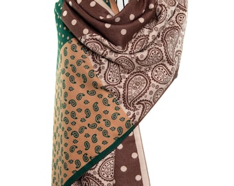 Cashmere Shawl & Scarf | Brown and Dark Green Paisley with Dots | Reversible Pashmina, Elegant and Classy Winter Wrap