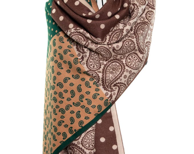 Cashmere Shawl & Scarf | Brown and Dark Green Paisley with Dots | Reversible Pashmina, Elegant and Classy Winter Wrap