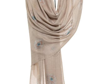 Champagne Cashmere Pashmina – Swarovski Blue Eyes, Radiant & Elegant Shawl
