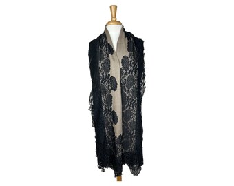 Black French Lace on Beige Cashmere Shawl, Exquisite Designer Wrap, Luxury Vintage Scarf, Unique Gift for Her - Midnight Elegance