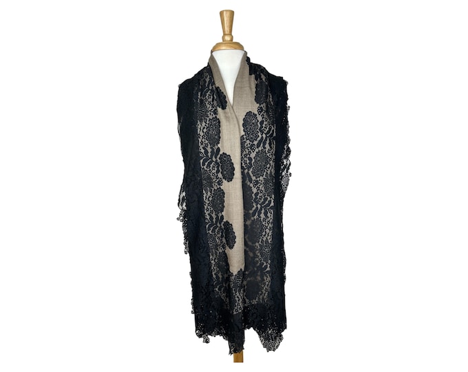 Black French Lace on Beige Cashmere Shawl, Exquisite Designer Wrap, Luxury Vintage Scarf, Unique Gift for Her - Midnight Elegance