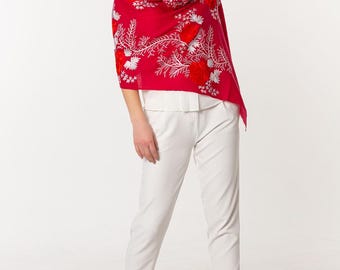 Red Cashmere Silk Shawl - Embroidered Pashmina with Pink Roses and Silver Branches, Soft Warm Wrap, Luxury Gift for Her