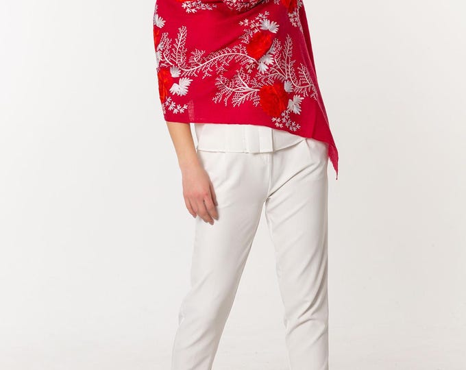 Red Cashmere Silk Shawl - Embroidered Pashmina with Pink Roses and Silver Branches, Soft Warm Wrap, Luxury Gift for Her