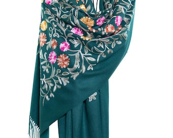 Paris Green Embroidered Silk Cashmere Shawl | Elegant Floral Wrap | Luxury Evening Scarf | Wedding Gift for Her | Canada Seller