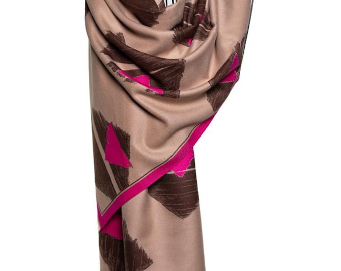 Cashmere Shawl | Beige, Brown & Pink Reversible Triangle Wrap | Soft Like Baby, Elegant Pashmina, Party Scarf, Gift for Her