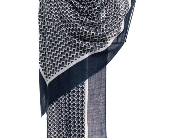 Silk & Cashmere Navy Blue Shawl | High-Quality Pashmina, Soft with Amazing Workmanship, Chessboard Design Wrap - Unisex - Gift for Man