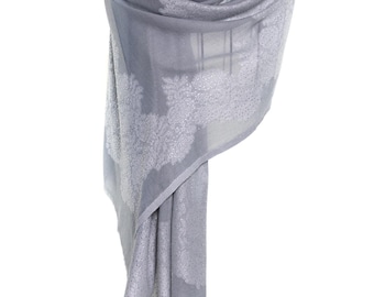 Grey Cashmere Shawl Hand Printed Floral Scarf with Sparkling Swarovski Crystals Soft and Lightweight Wrap