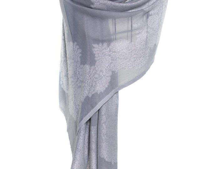 Grey Cashmere Shawl Hand Printed Floral Scarf with Sparkling Swarovski Crystals Soft and Lightweight Wrap