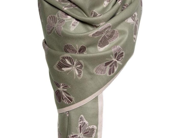 Cashmere Shawl | Green and Off-White Reversible with Butterfly Design | Elegant, Warm & Luxurious Pashmina | Perfect Gift