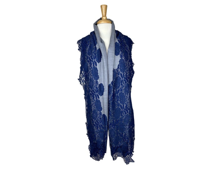 Blue Jean Cashmere Shawl with Handmade French Silk Lace – Unique, Soft & Lightweight Luxury Scarf, Vintage Gift for Her