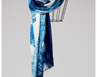 High-Quality Pure Cashmere Shawl – Blue & White, Luxury Oversized Scarf, Exclusive Design