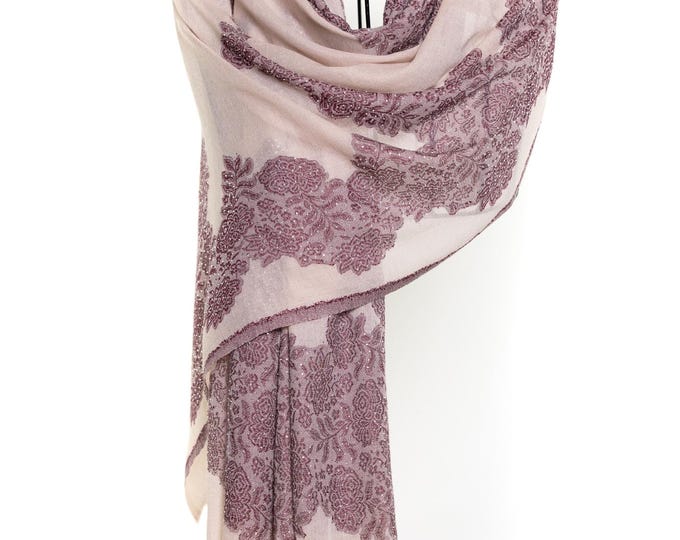 burgundy Cashmere Shawl Hand Printed Floral Scarf with Sparkling Swarovski Crystals Soft and Lightweight Wrap