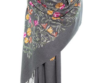 Grey Embroidered Floral Shawl | Lightweight Silk Cashmere Scarf | Oversized Wrap | Elegant Wedding Shawl | Sustainable Gift