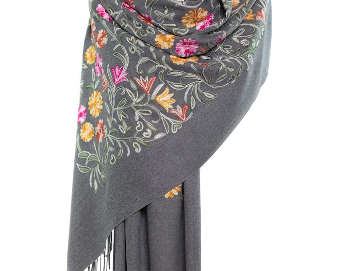 Grey Embroidered Floral Shawl | Lightweight Silk Cashmere Scarf | Oversized Wrap | Elegant Wedding Shawl | Sustainable Gift