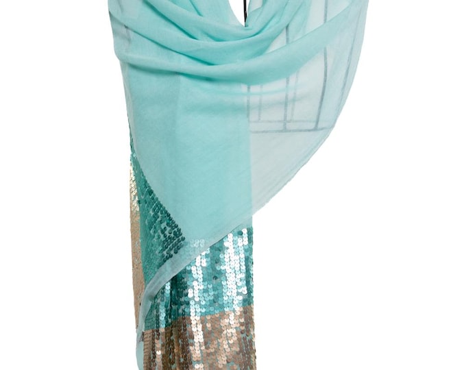 Turquoise Blue Cashmere Silk Shawl with Golden Sequin Details | Unique Soft Wrap | Elegant Gift for Her | Pashminas CA Seller