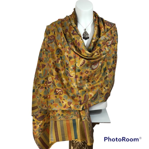 Golden yellow Kani Pashmina Shawl, wool stole, oversized wool Scarf, winter wedding Shawl, pashmina shawl, oversized scarf,pashmina one side