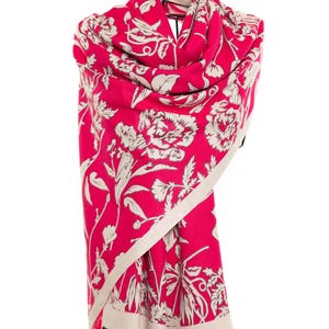 Floral Pashmina Shawl: Pink & Off-White Reversible Wrap - Cashmere Modal Blend