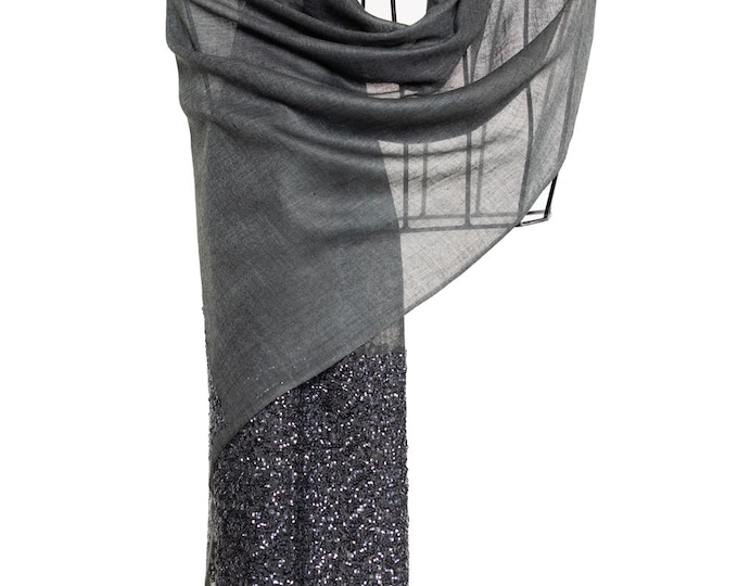 Dark Grey Charcoal Wool Cashmere Silk Shawl – Soft Wrap with Sequin Detailing, Elegant Gift, Wedding and Evening Scarf