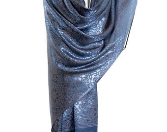 Shiny metallic all blue pure silk beautiful shawl for gift, mandala pattern unique motif design - Very thin