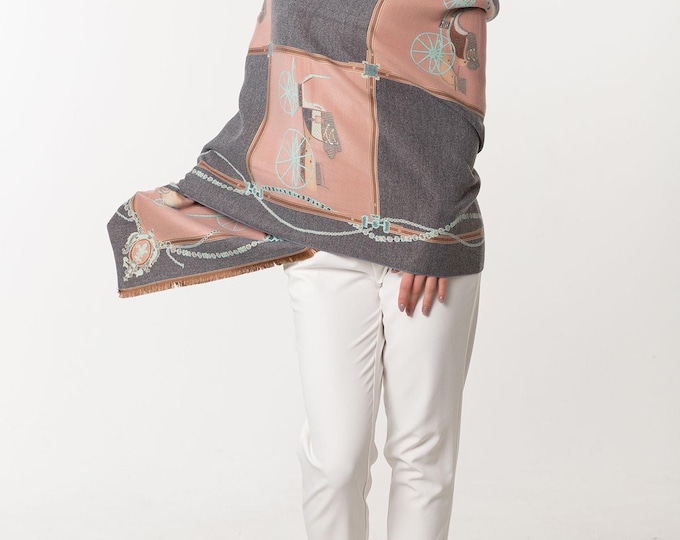 Soft Pink and Grey Pashmina Shawl | Vintage Carriage Design Cashmere Wrap | Double-Sided, Soft, Warm, and Thick |