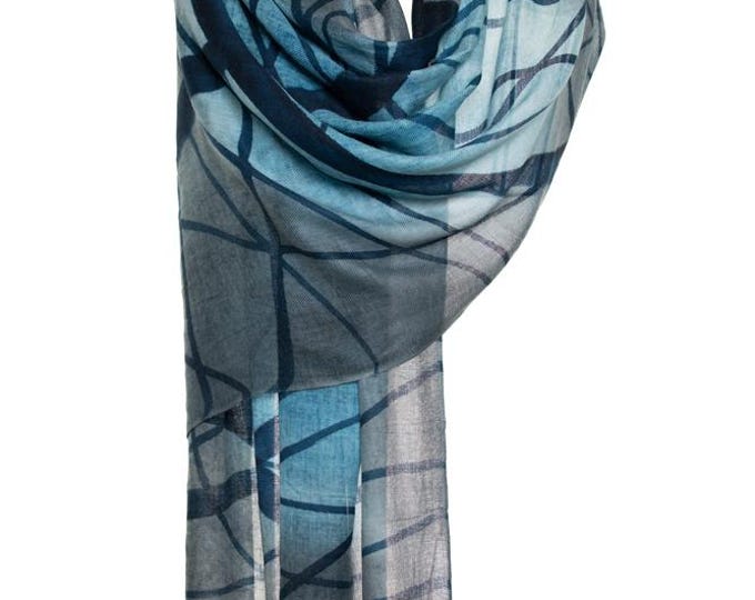 Silk & Cashmere Blue and Grey Shawl | Elegant Tiger Back Design Scarf | Very Soft, Delightful Pashmina Gift for Her - Wedding Shawl